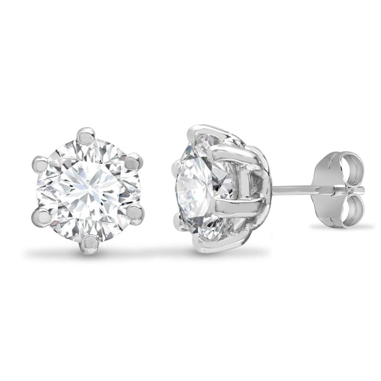 9ct White Gold  CZ 6 Claw Solitaire Stud Earrings, 6mm - JES178