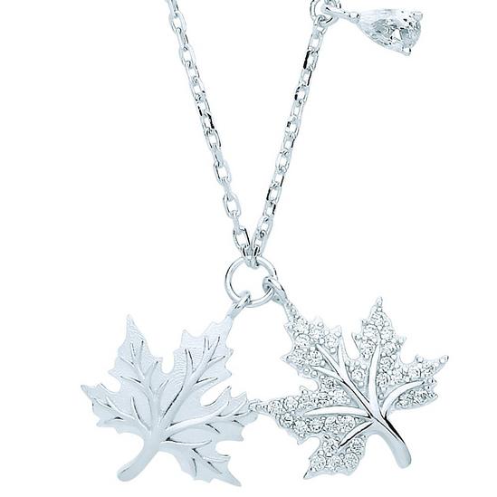 Jewelco London Silver  Pear CZ Canada Maple Leaf Charm Necklace - GVK320 1