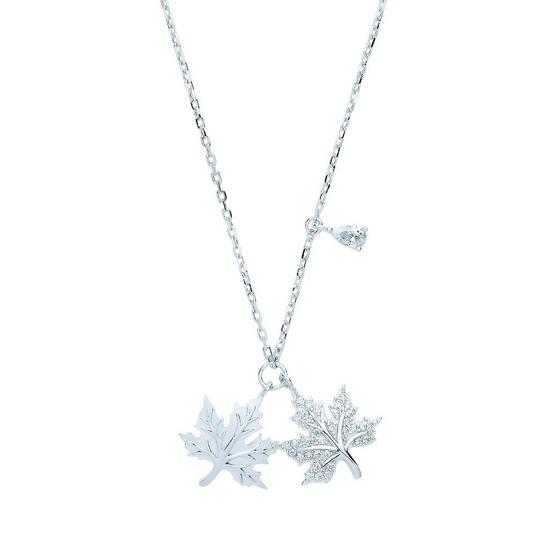 Jewelco London Silver  Pear CZ Canada Maple Leaf Charm Necklace - GVK320 2