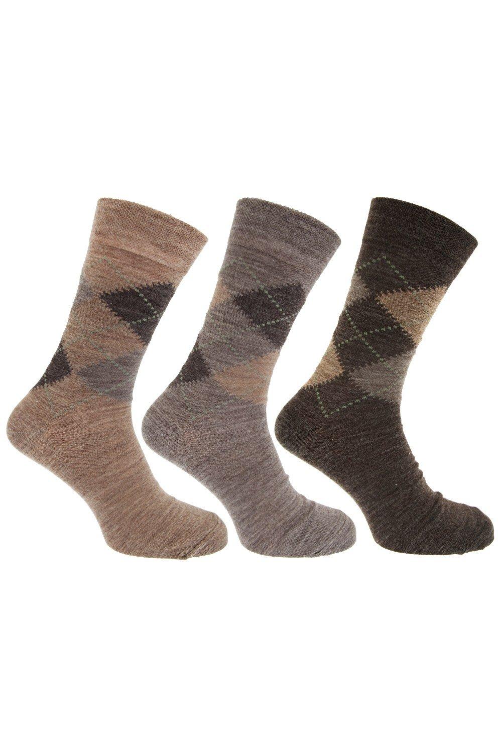 Traditional Argyle Pattern Lambs Wool Blend Socks With Lycra (Pack Of 3)