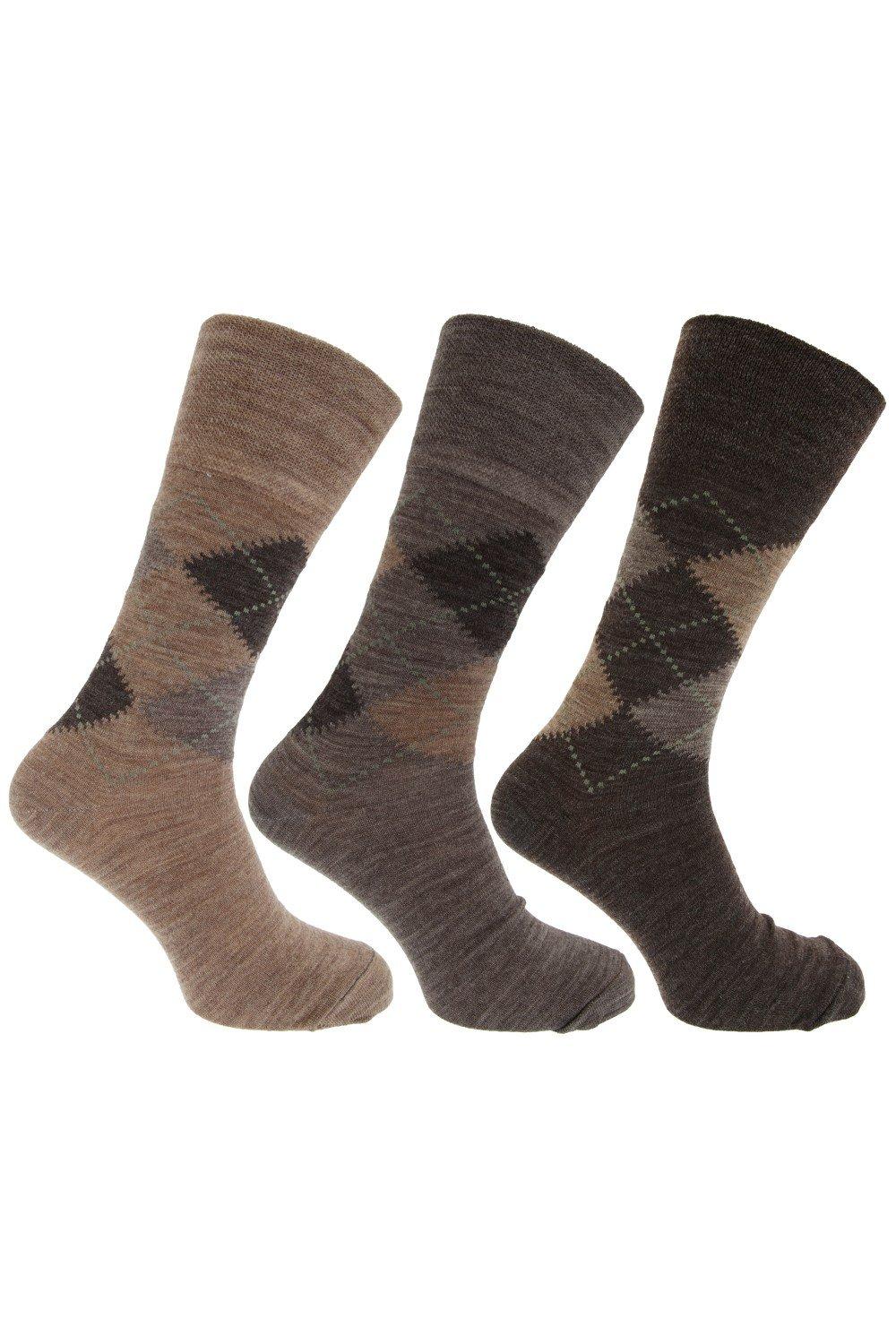 Traditional Argyle Pattern Non Elastic Lambs Wool Blend Socks (Pack Of 3)