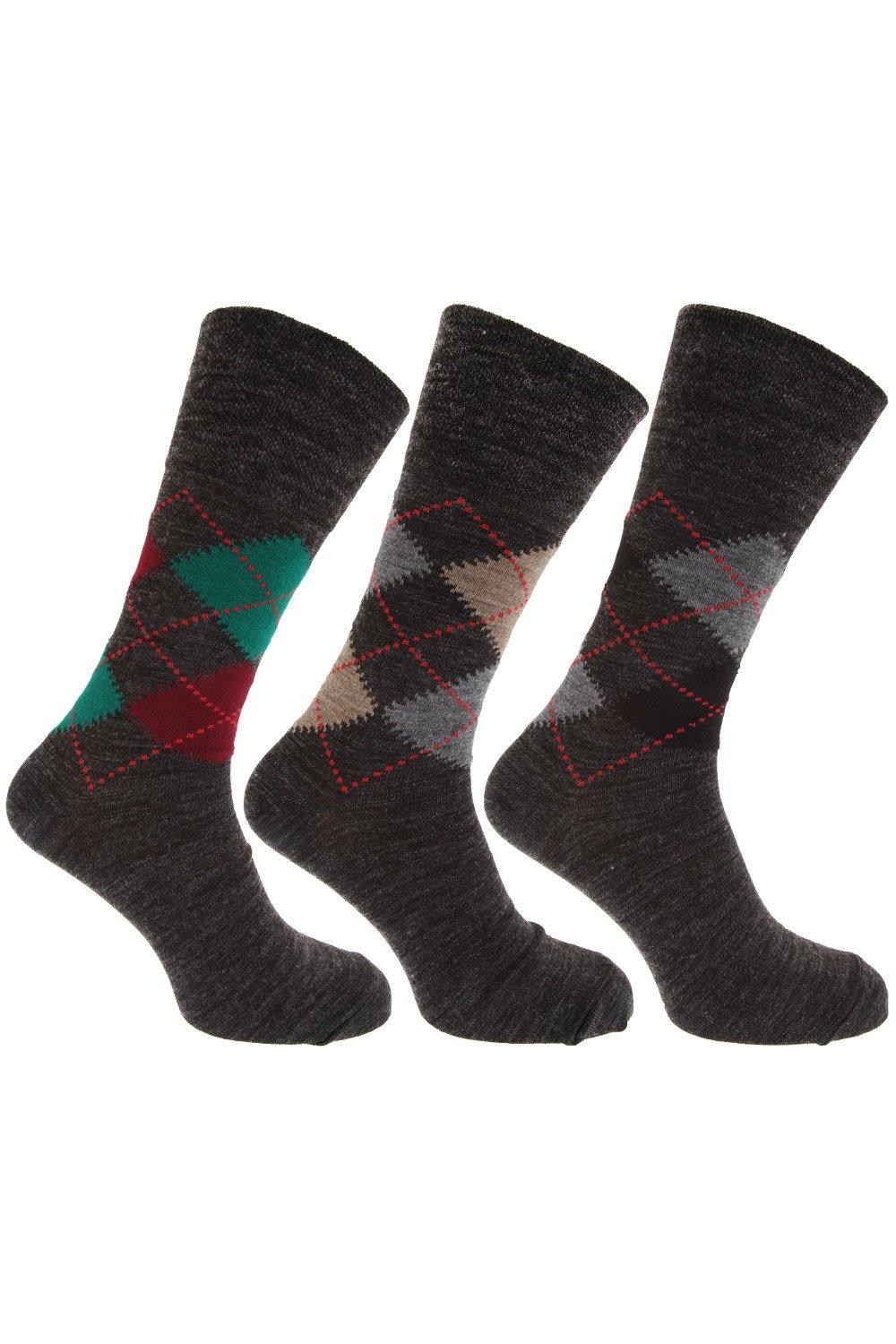 Traditional Argyle Pattern Non Elastic Lambs Wool Blend Socks (Pack Of 3)