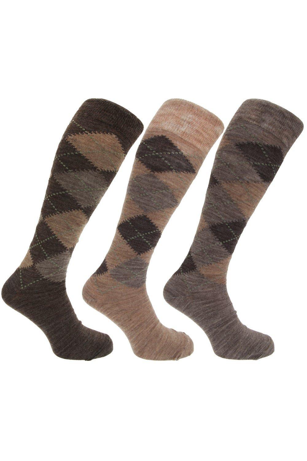 Traditional Argyle Pattern Long Length Lambs Wool Blend Socks (Pack Of 3)
