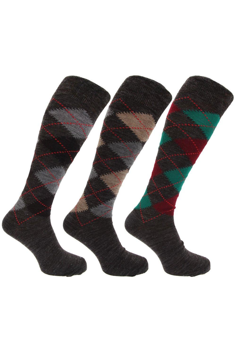Traditional Argyle Pattern Long Length Lambs Wool Blend Socks (Pack Of 3)