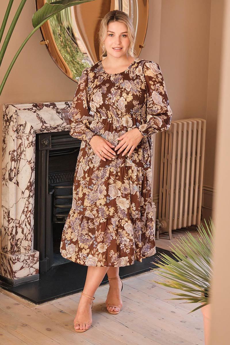 Floral Shirred Midi Dress