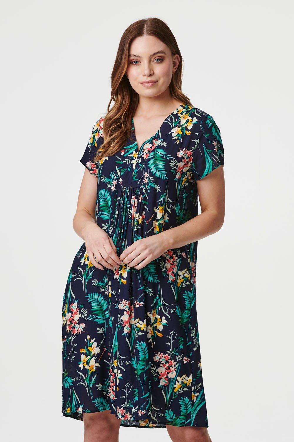 Tropical Print V-Neck Tunic Dress