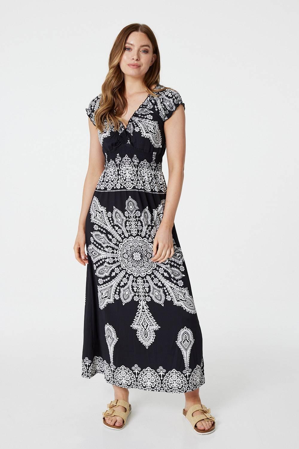 Mosaic Print Cap Sleeve Maxi Dress