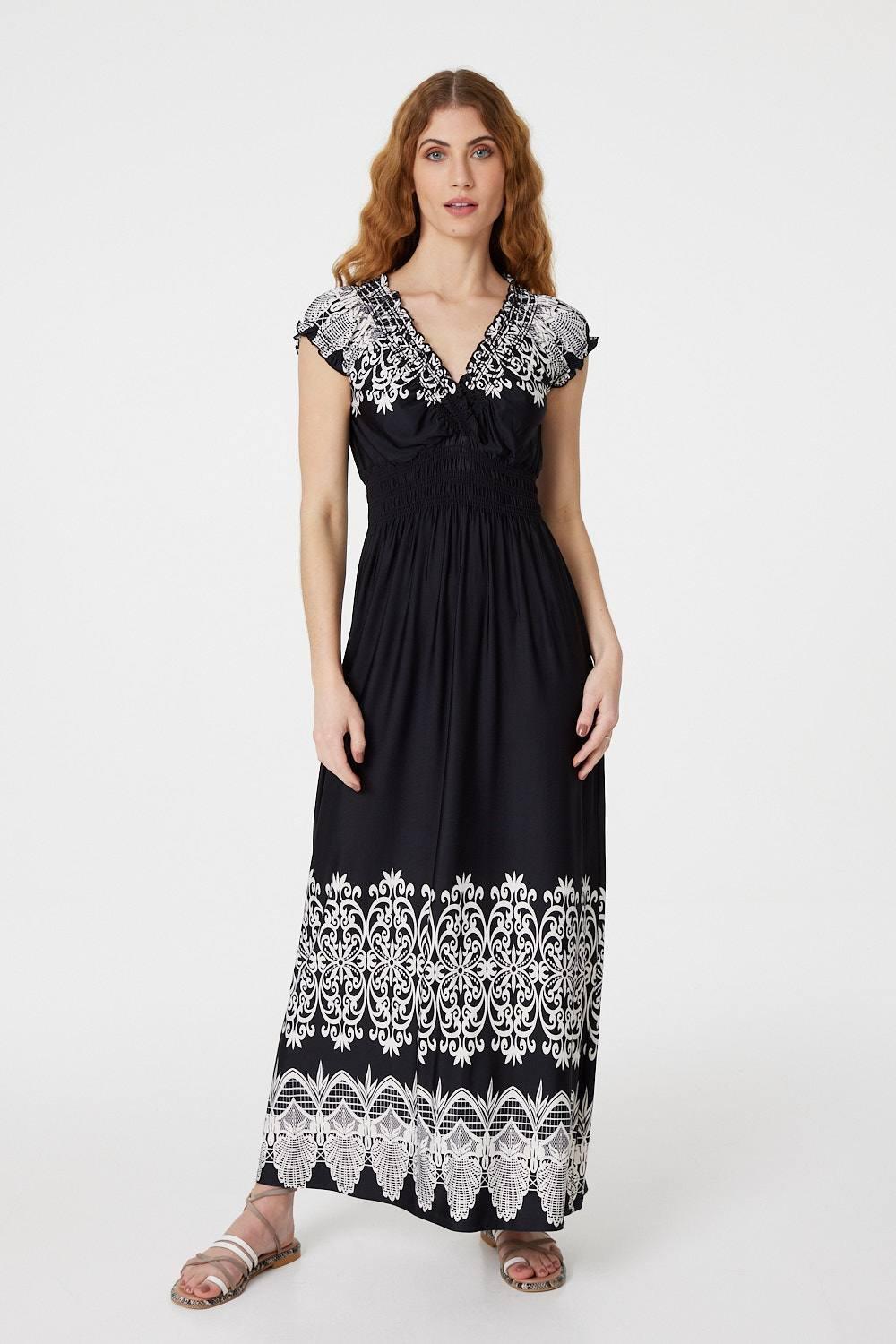 Lace Print Cap Sleeve Maxi Dress