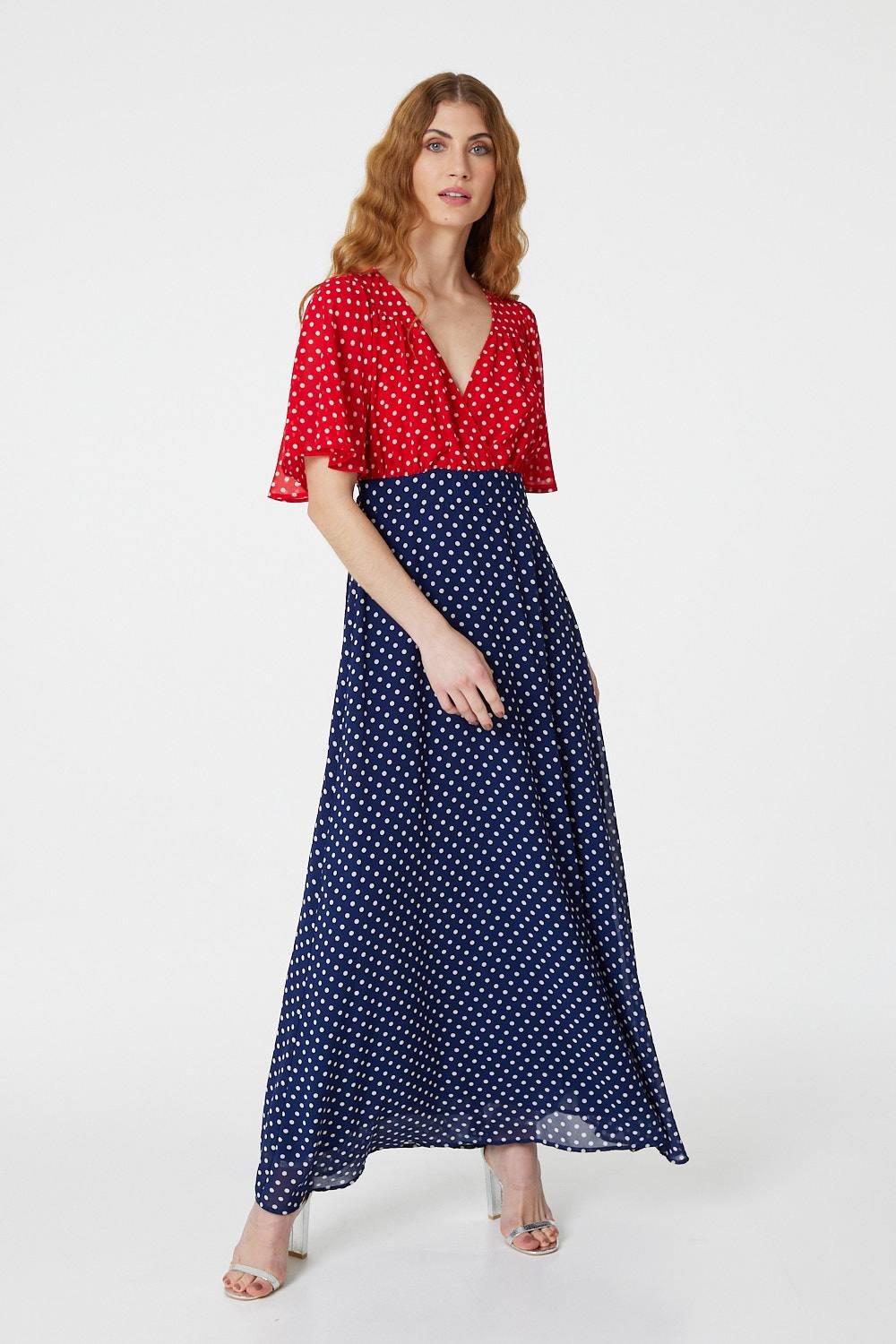 Polka Dot Flared Sleeve Maxi Dress