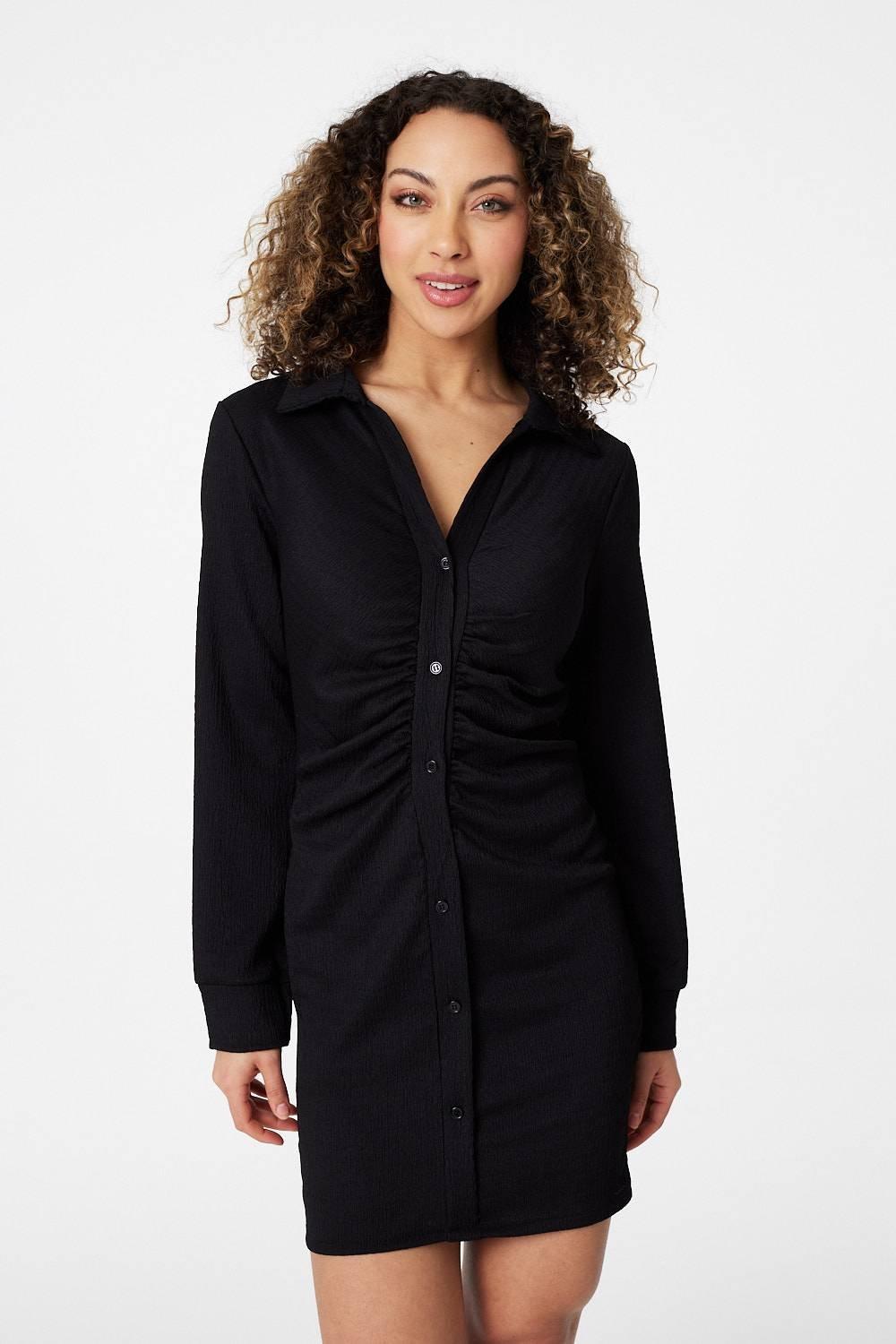 Ruched Button Front Shirt Dress