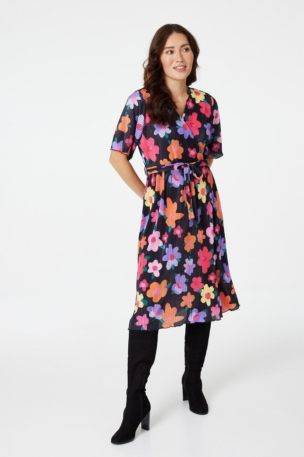 Floral Long Sleeve Pleated Dress