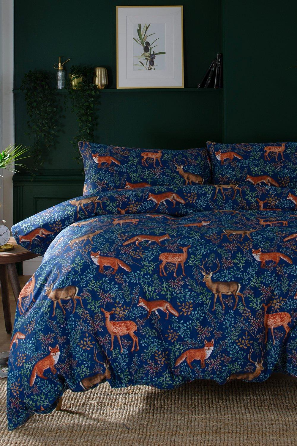 Fox and Deer Navy 200 Thread Count Cotton Rich Reversible Duvet Cover Set