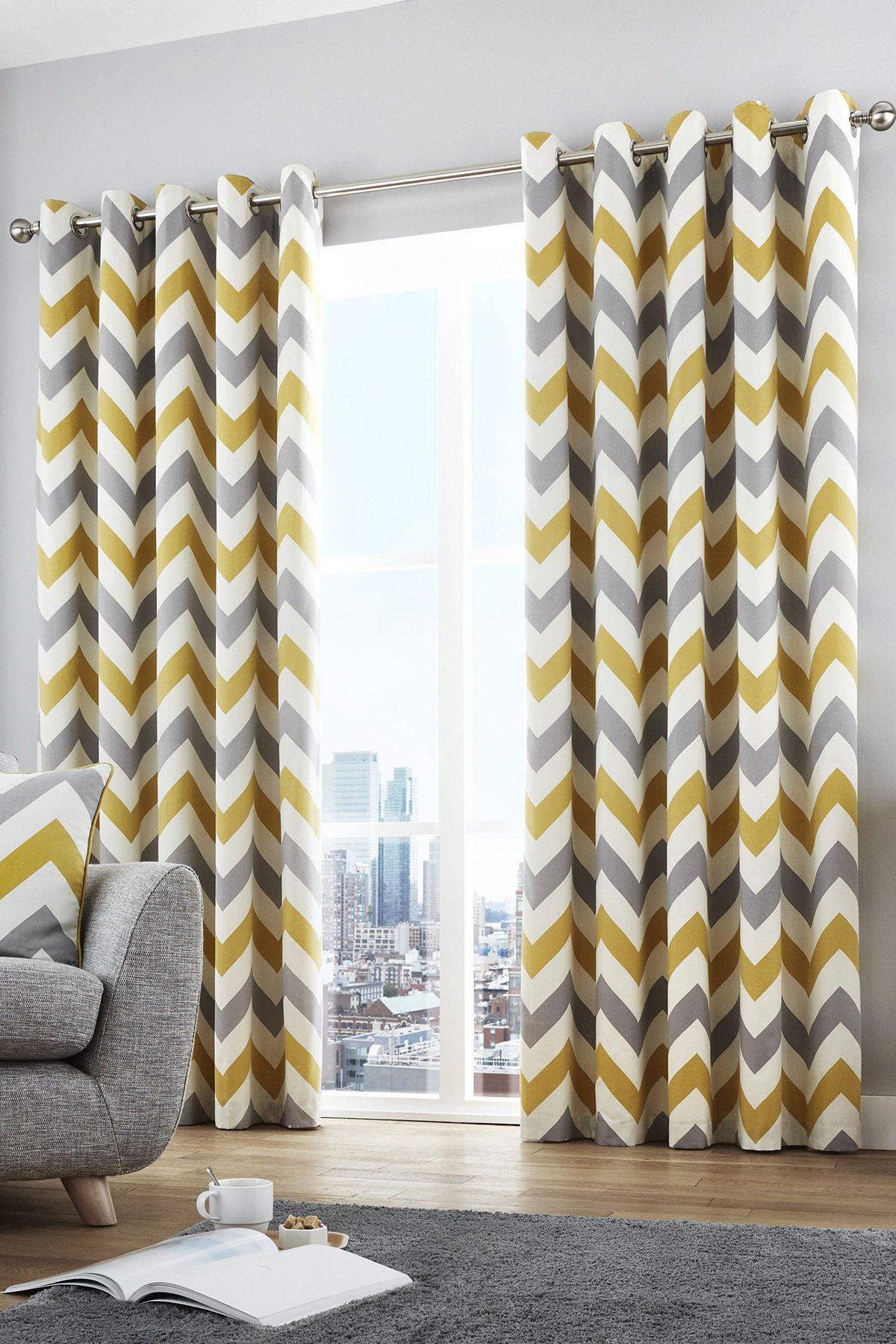 'Chevron' Lined 100% Cotton Pair of Eyelet Curtains