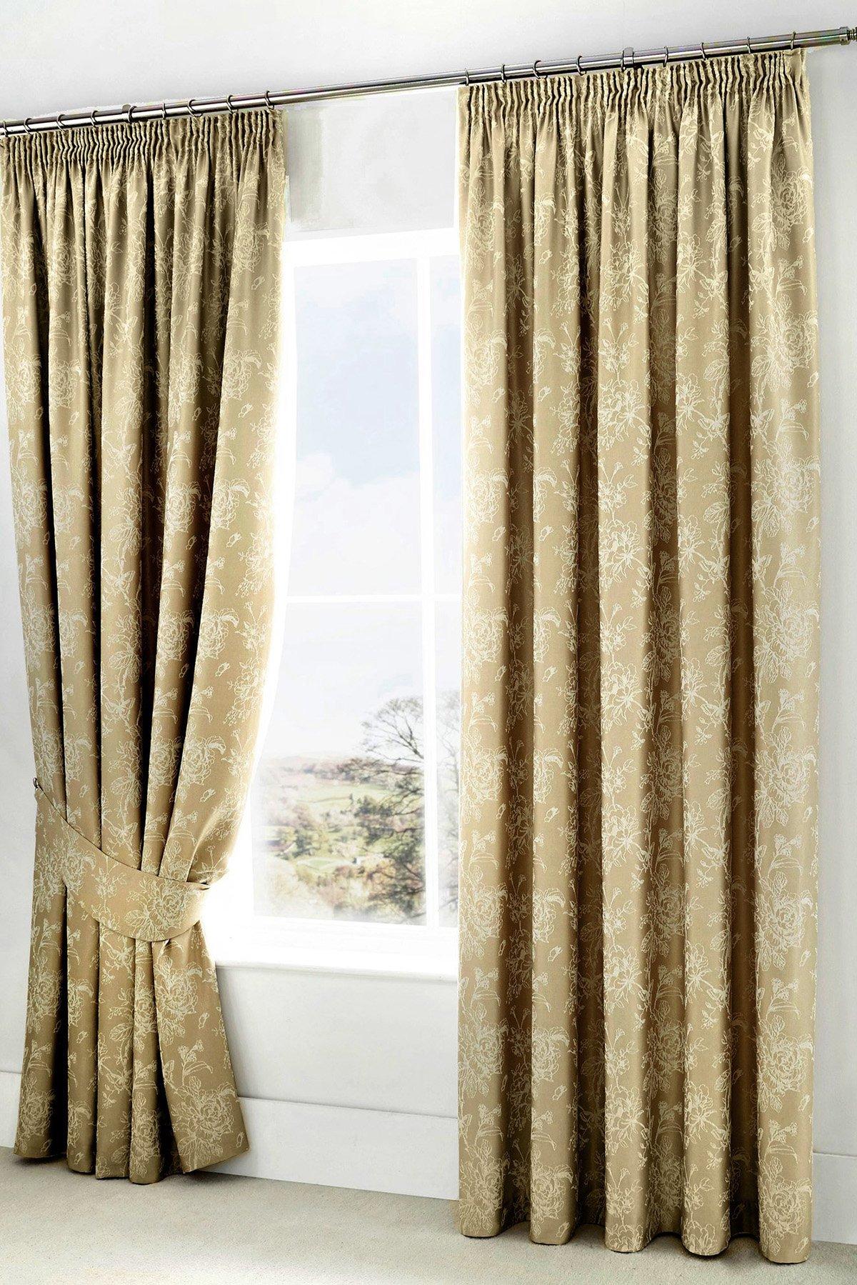 'Jasmine' Floral Jacquard Weave Pair of Lined Pencil Curtains with Tie-backs