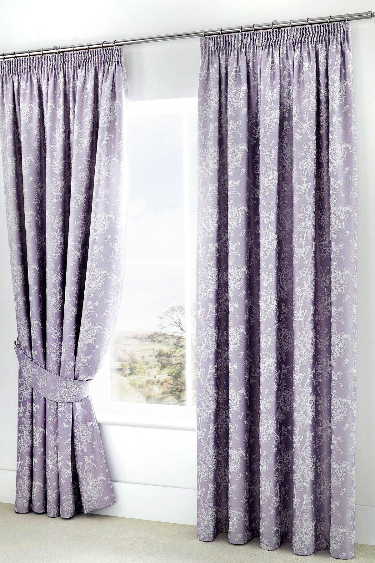 'Jasmine' Floral Jacquard Weave Pair of Lined Pencil Curtains with Tie-backs