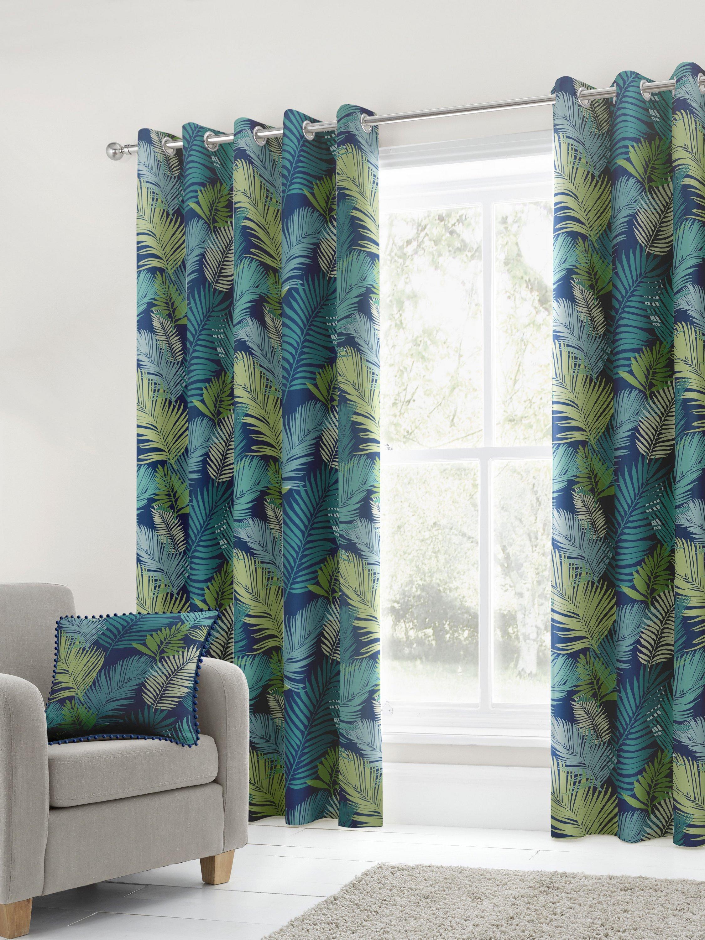 'Tropical' Exotic Palm Leaf Print 100% Cotton Eyelet Curtains