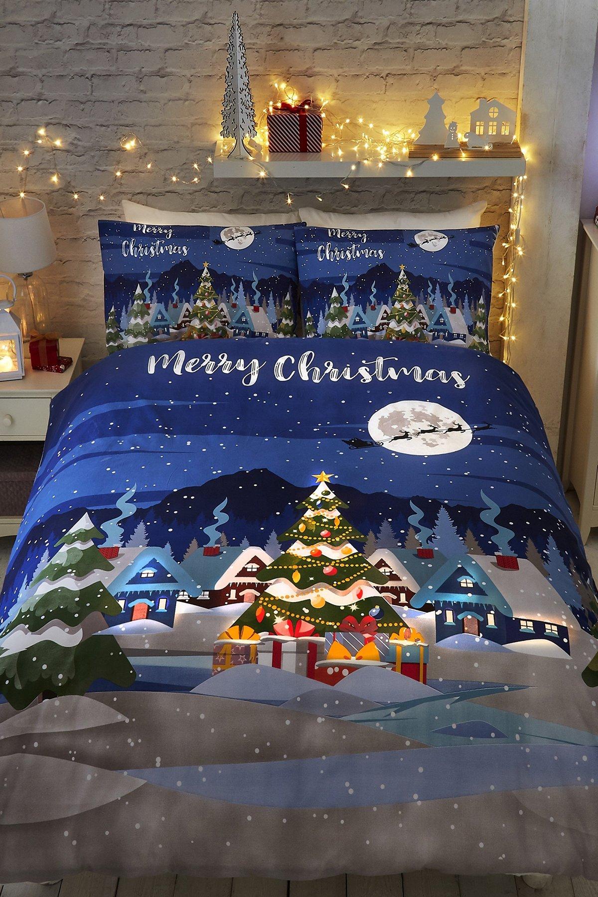 'Glow In The Dark' Christmas Scene Print Duvet Cover Set
