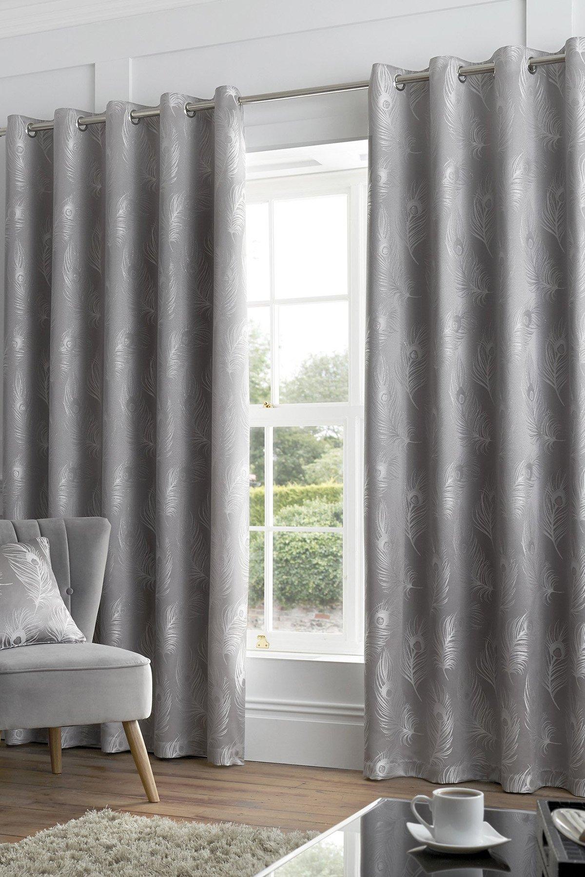'Feather' Metallic Feather Jacquard Pair of Eyelet Curtains
