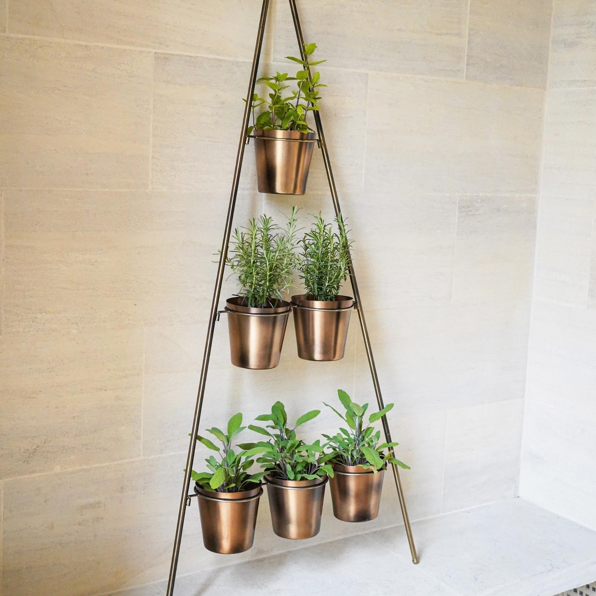 Outdoor Vertical Gold Metal Wall Plant Stand with Planters, H128cm x W51cm, Planter size Ext Diam. 9