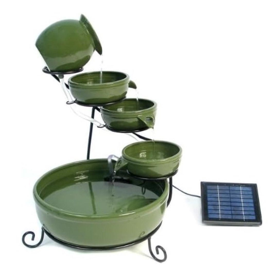 Green Solar Powered Jug & Bowl Water Feature with LED Lights and Mains Power Cord and Battery Backup