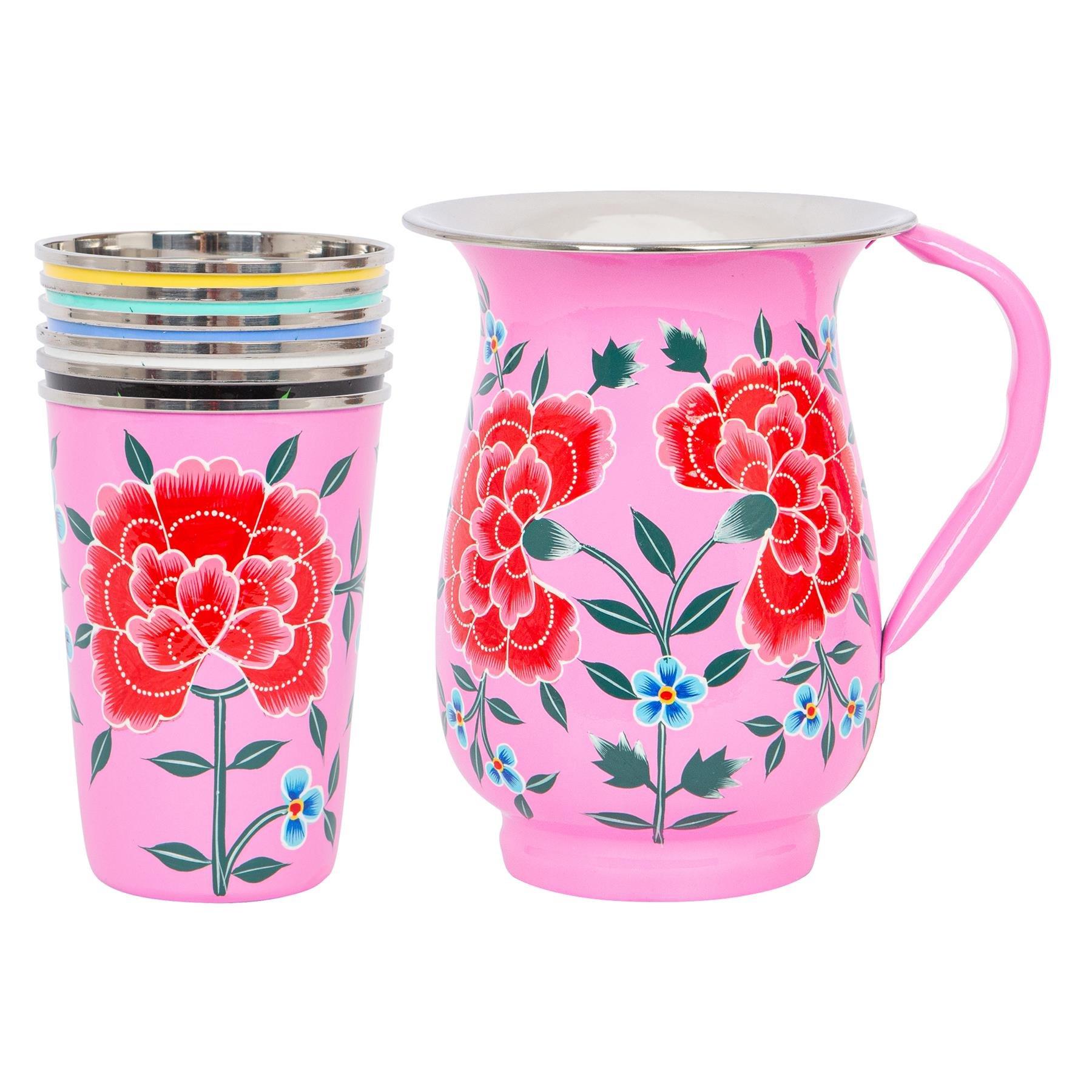 Hand-Painted Picnic Water Jug with 400ml Multicolour Cups - 1.7L - Raspberry Peony