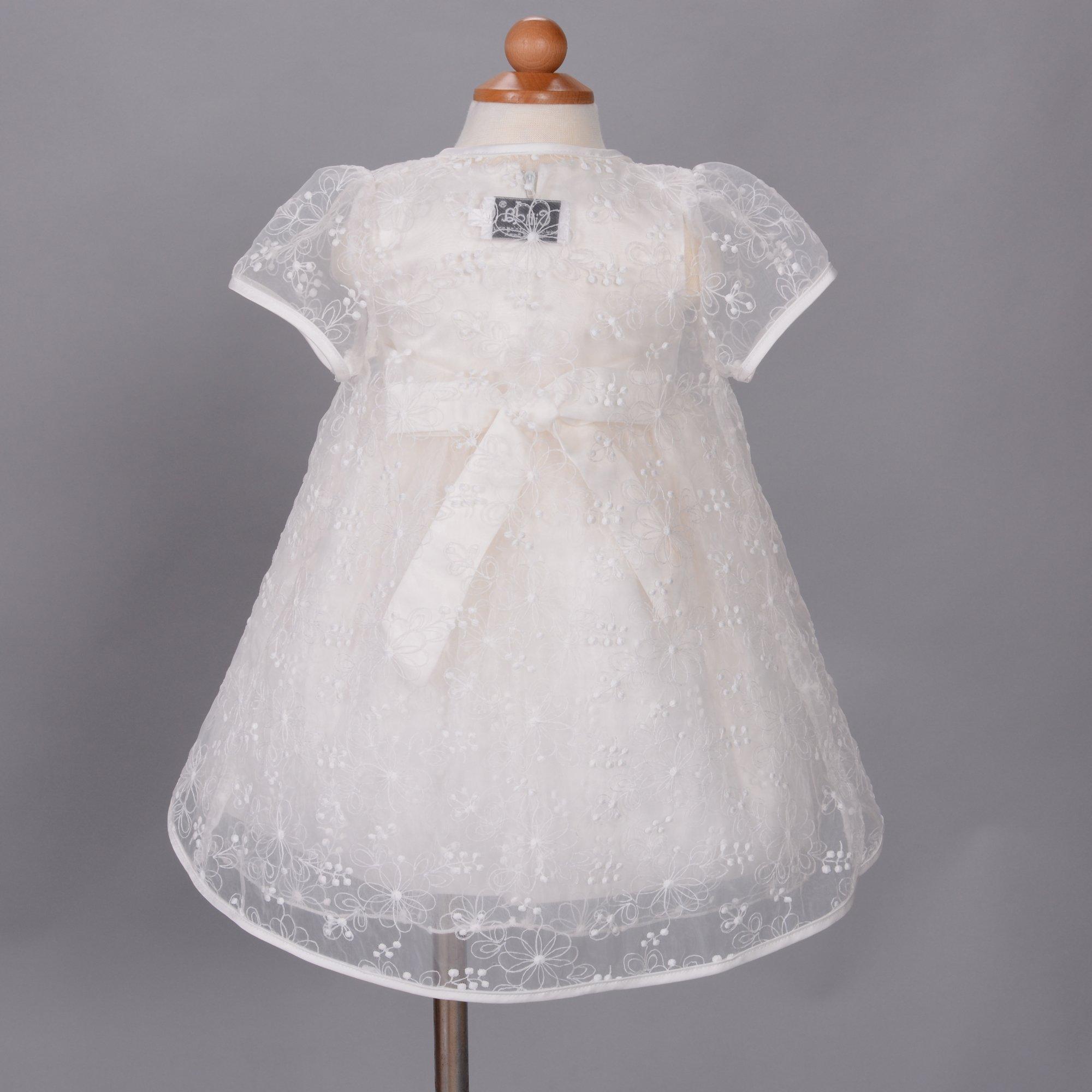 Christening gown for girl in shantung with embroidered lace and 3D flowers  - Maylin brand
