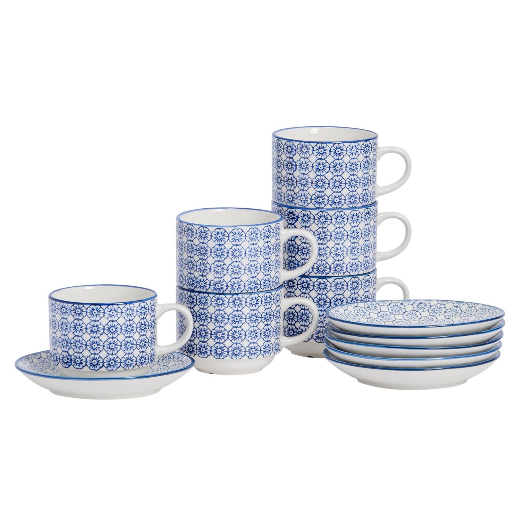 48 Piece Hand-Printed Stacking Teacups & Saucers Set - 260ml