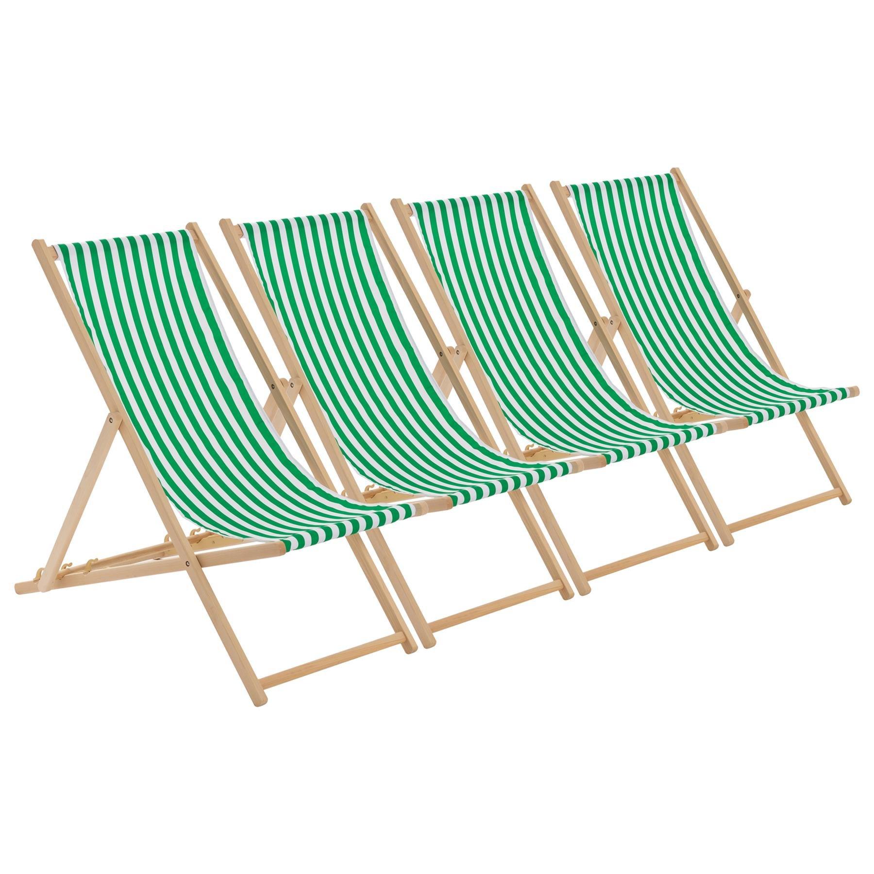 Folding Wooden Deck Chairs Green Stripe Pack of 4