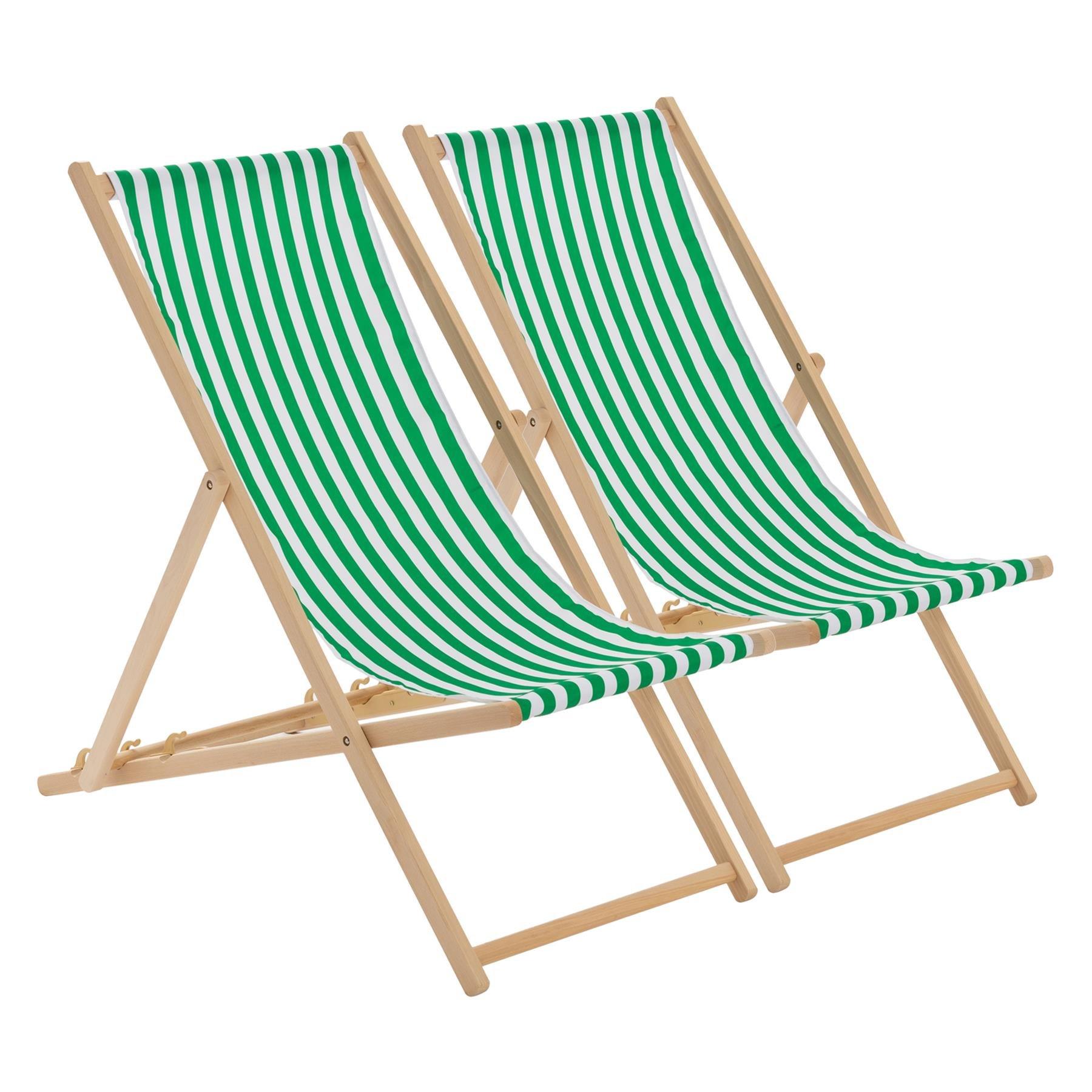 Folding Wooden Deck Chairs Green Stripe Pack of 2