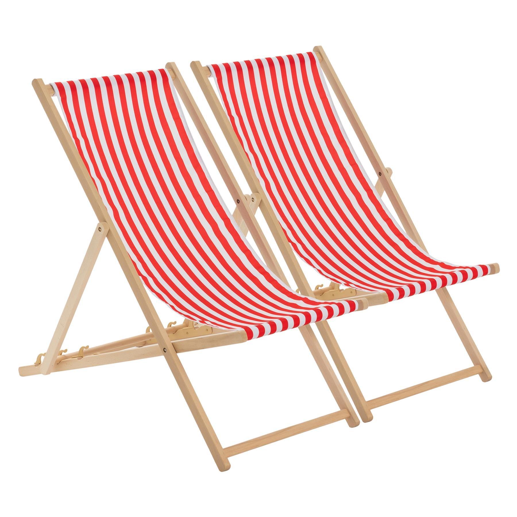 Folding Wooden Deck Chairs Red Stripe Pack of 2