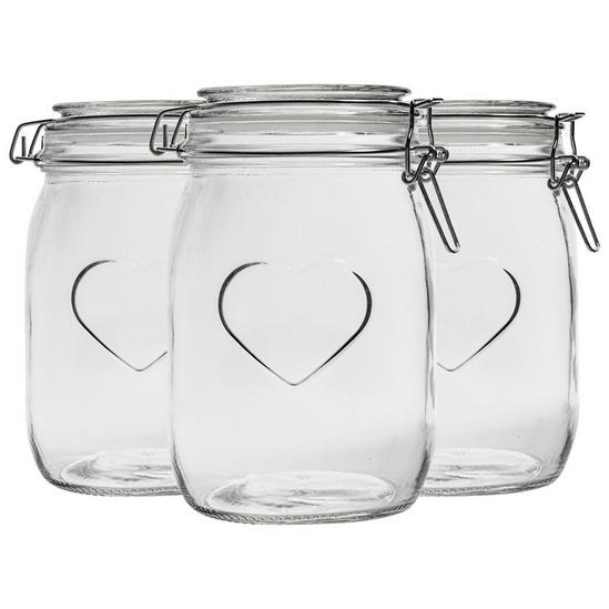 Nicola Spring Heart Glass Storage Jars 1 Litre Clear Seal Pack of 3 1