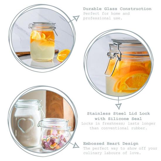 Nicola Spring Heart Glass Storage Jars 1 Litre Clear Seal Pack of 3 2