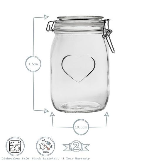 Nicola Spring Heart Glass Storage Jars 1 Litre Clear Seal Pack of 3 3