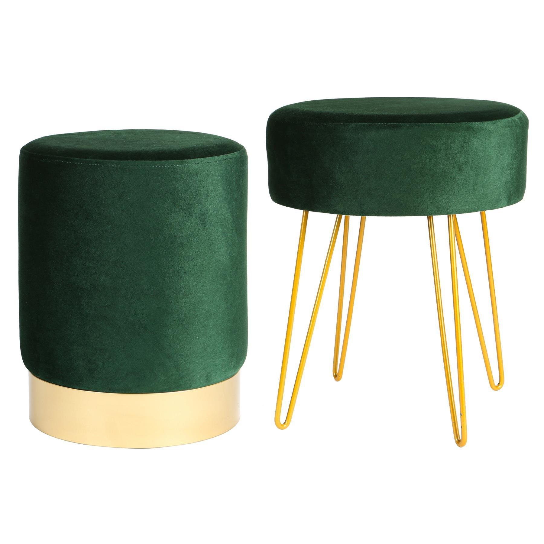 Harbour Housewares  2 Piece Round Velvet Footstools Set - Luxe Living Room Bedroom Dressing Table Accent Pouffe - Green