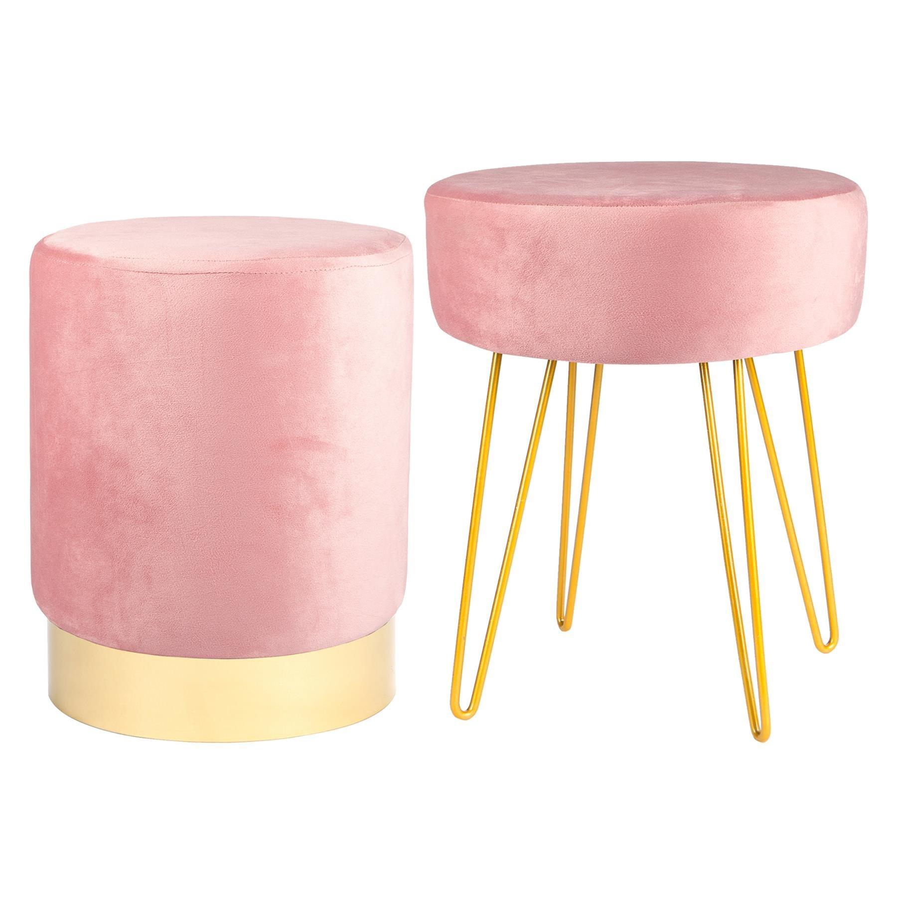 Harbour Housewares  2 Piece Round Velvet Footstools Set - Luxe Living Room Bedroom Dressing Table Accent Pouffe - Pink