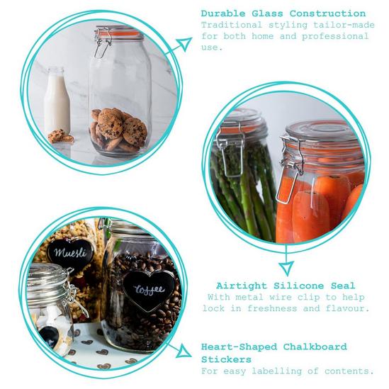 Argon Tableware Glass Storage Jars with Heart Labels 2L Clear Pack of 6 2