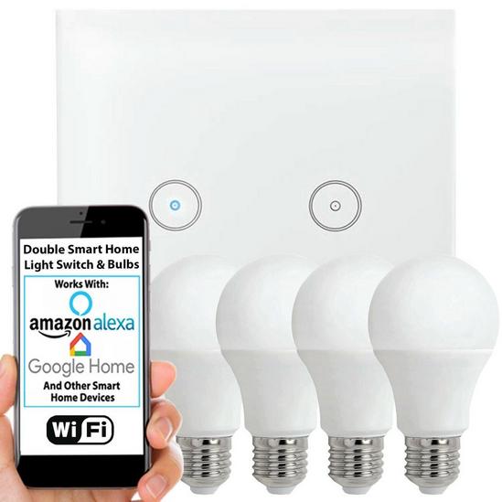 Loops WiFi Light Switch & Bulb 4x 10W E27 Warm White Lamp & Double Wireless Wall Plate 1