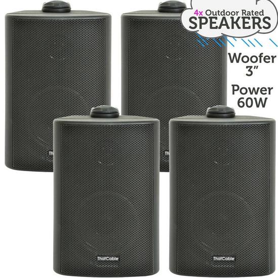 Loops 4x 3 60W Black Outdoor Rated Garden Wall Speakers Wall Mounted HiFi 8Ohm & 100V 2