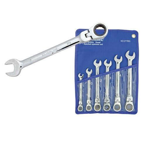 6 Piece Flexible Ratchet Ring Spanner - 8mm 17mm - Pivot Wrench Garage Tool