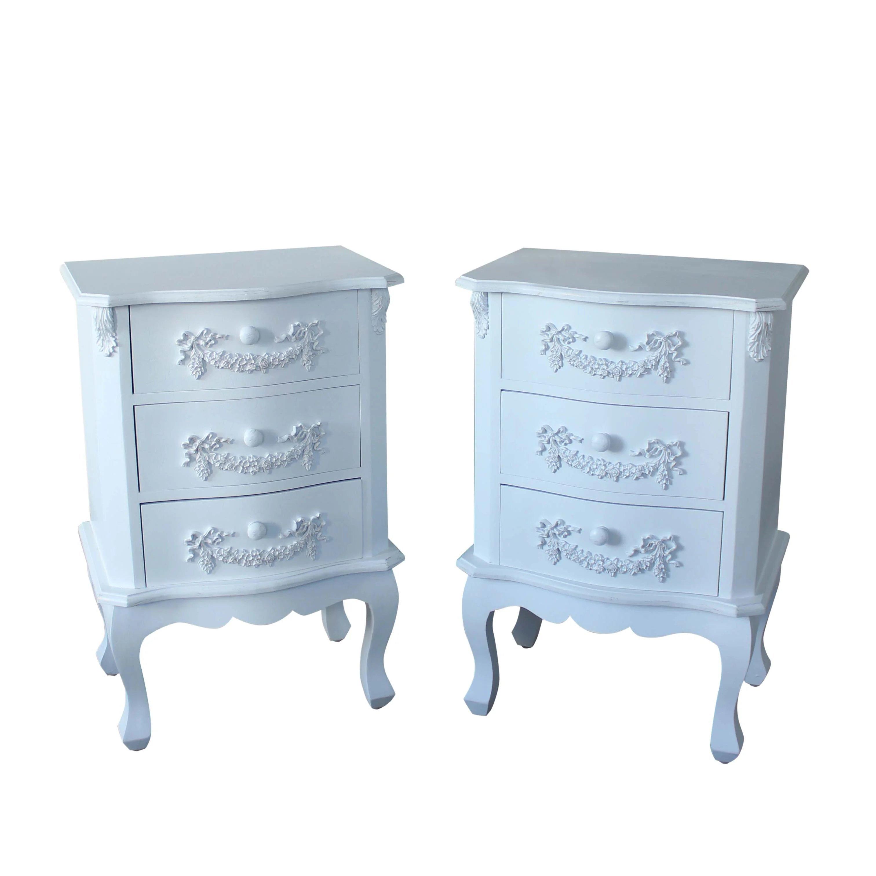 White Bedroom Furniture, Pair Of Antique White 3 Drawer Bedside Table - Pays Blanc Range