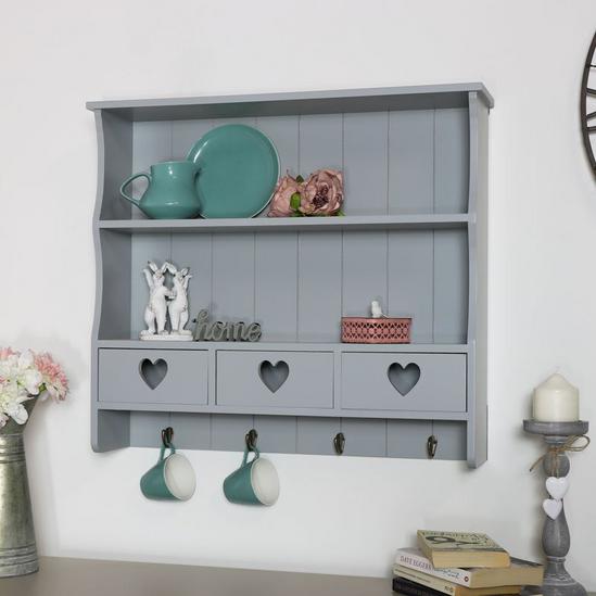 Melody Maison Large Grey Wall Shelf With Heart Drawer Storage 1