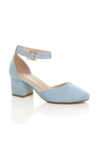 Product Mid Block Heel Ankle Strap Faux Suede 2 Part Heels Baby Blue