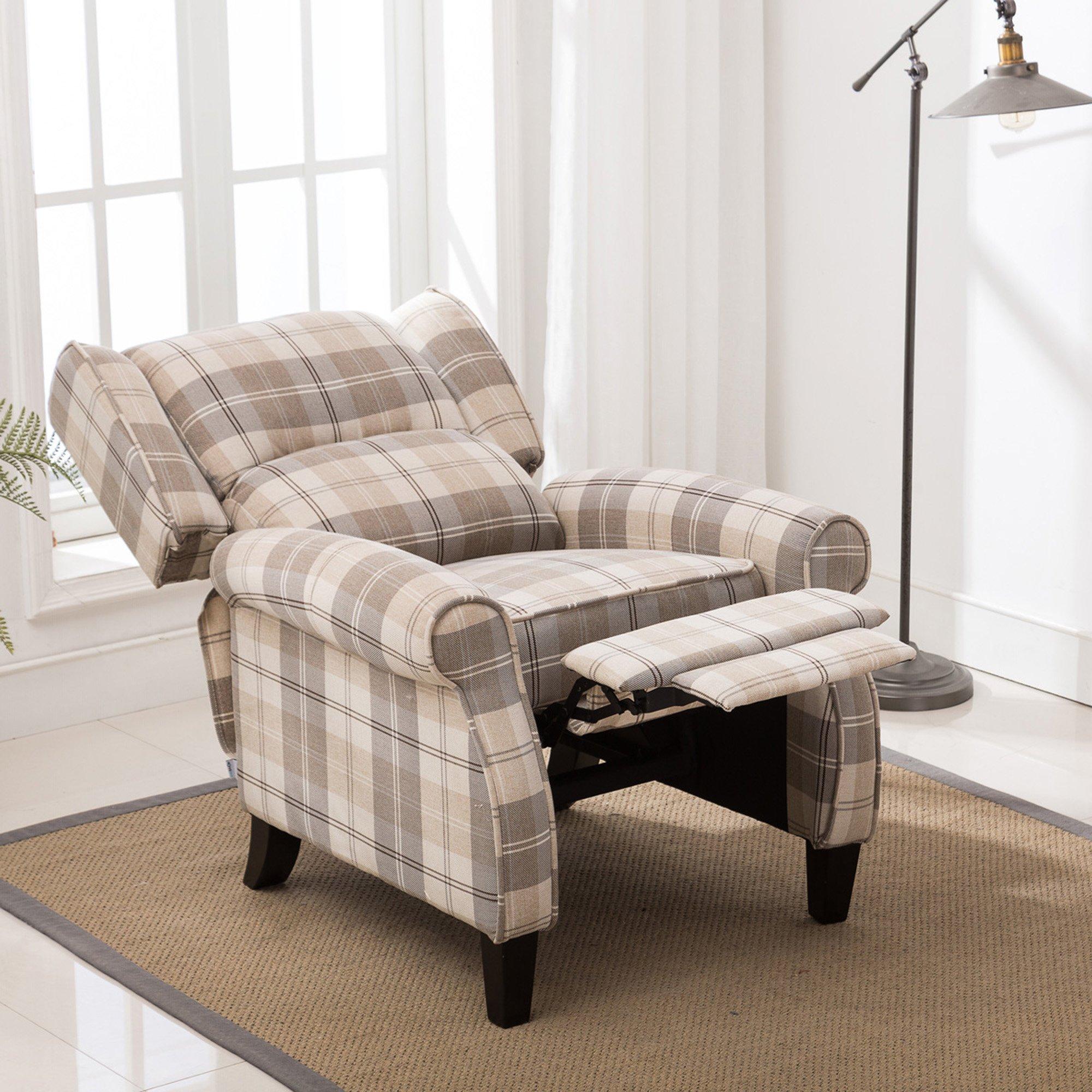 Eaton Wing Back Fireside Checkered Fabric Pushback Recliner Chair
