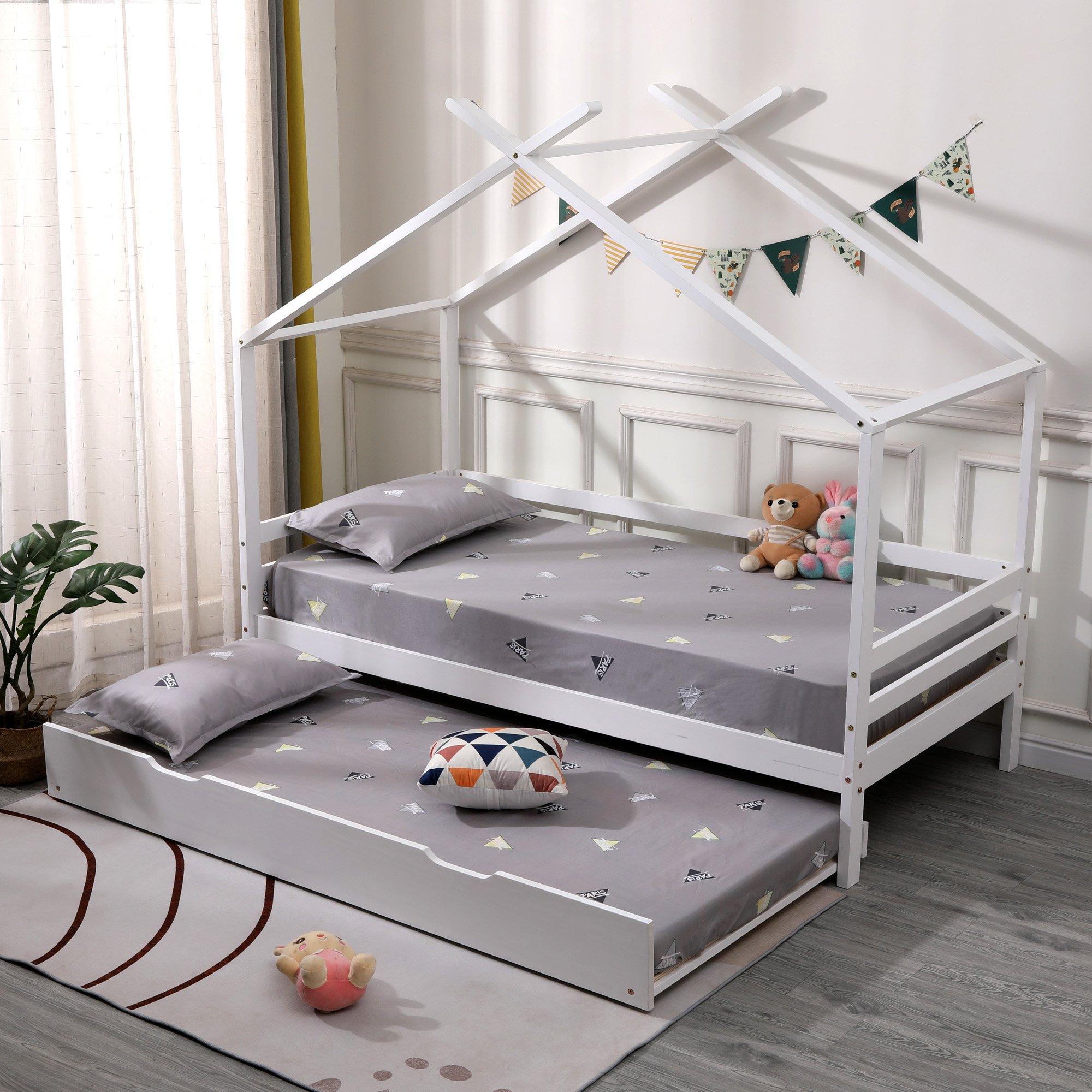 Teddy Kids Childrens Wooden House Single Bed Frame w Guest Trundle Bed