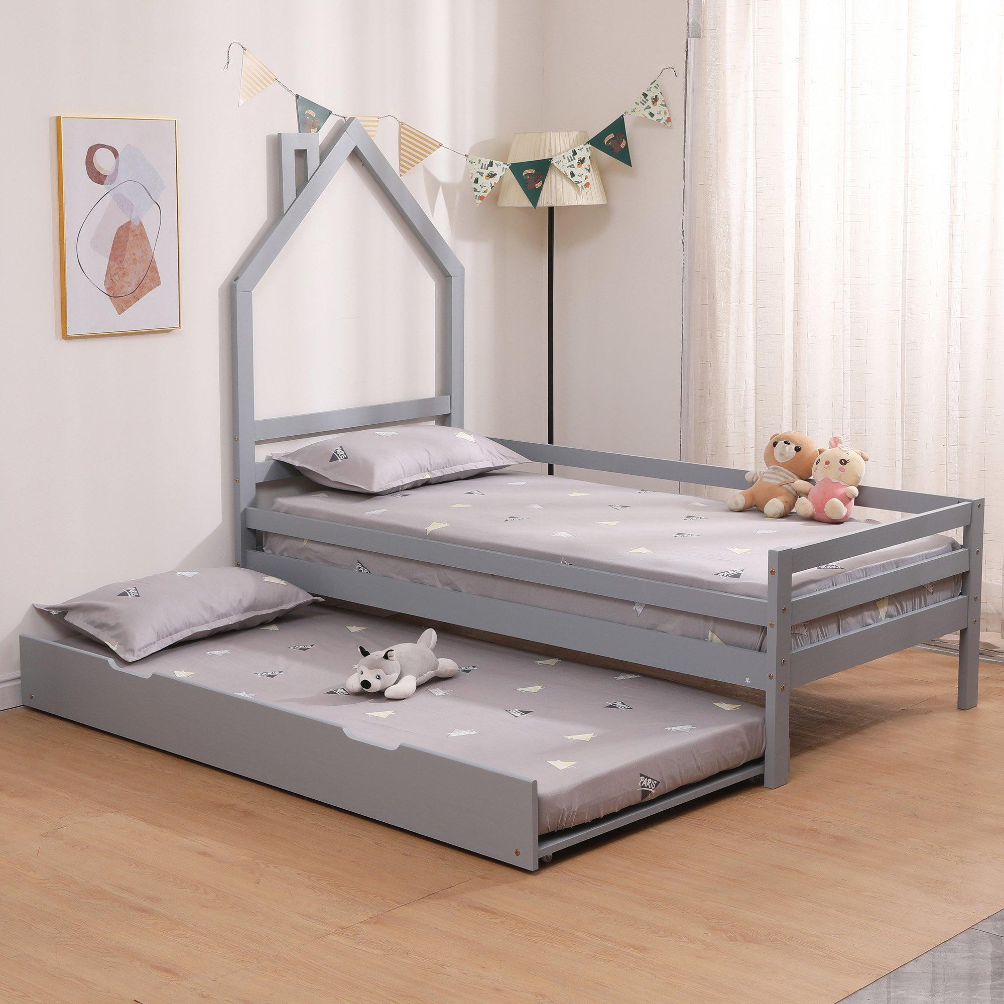 Theo Kids Childrens Wooden House Single Bed Frame with Guest Trundle