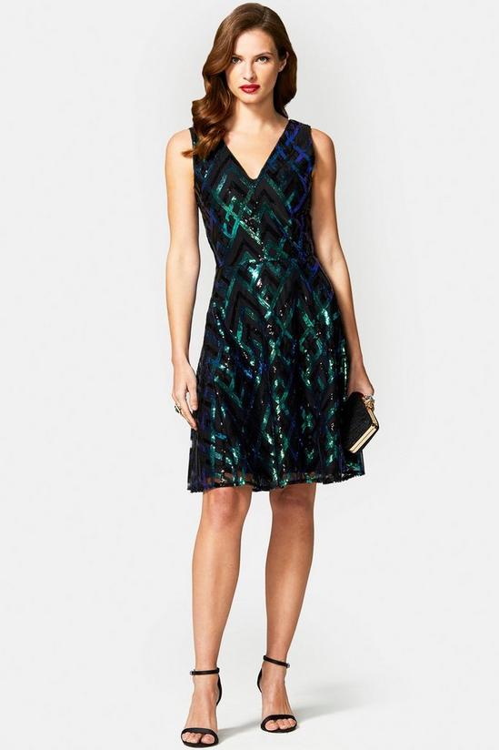 Hot Squash Sequin V Neck Fit and Flare Dress 1