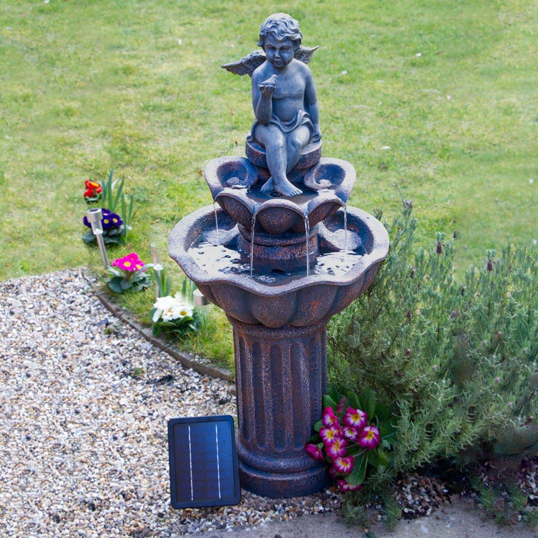 Solar Powered Cherub Birdbath Outdoor Fountain Water Feature