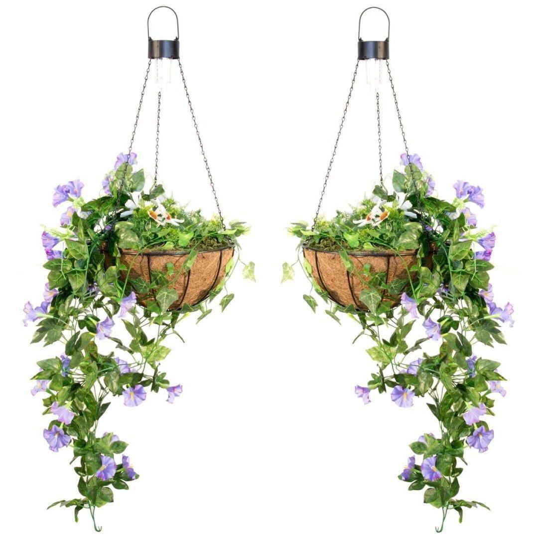 Pair of Artificial Duranta Purple Flowers Hanging Basket with Solar Light  26cm