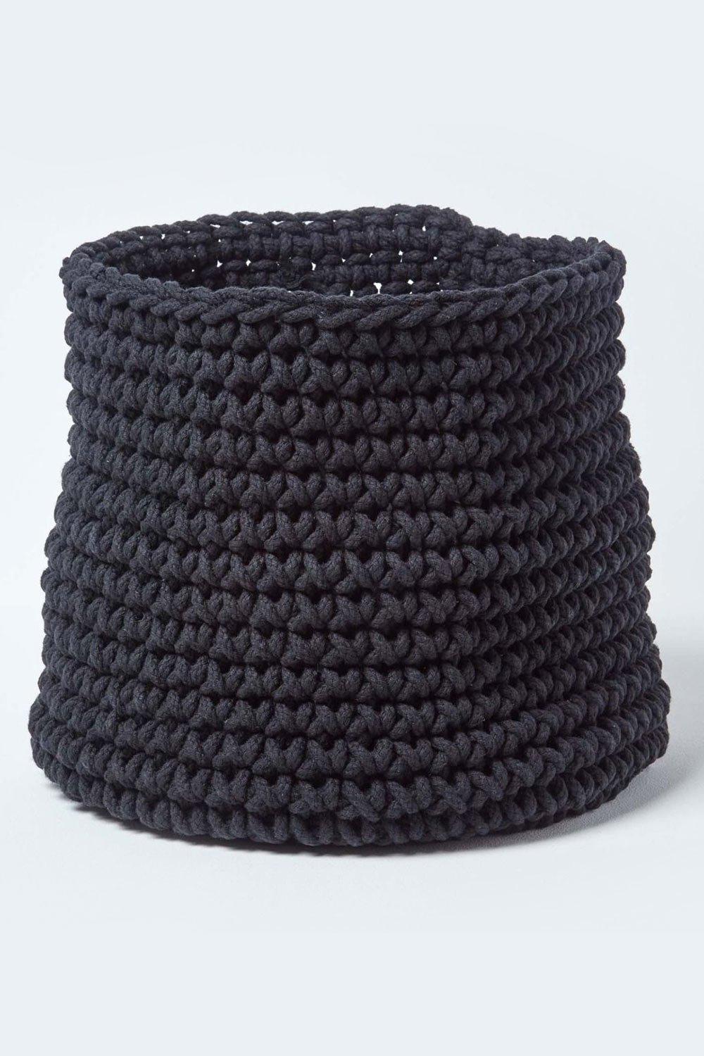 Homescapes Cotton Knitted Round Storage Basket, 42 x 37 cm|black