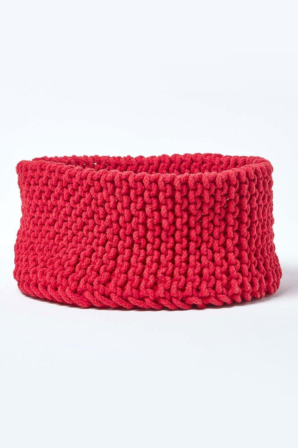 Homescapes Cotton Knitted Round Storage Basket, 37 x 21 cm|red